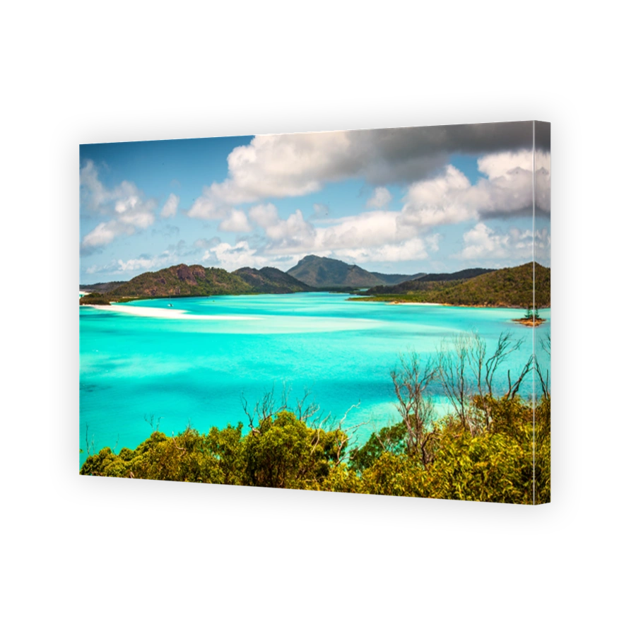 The view of the Whiteheaven Beach from the Hill Inlet Lookout in sunny days