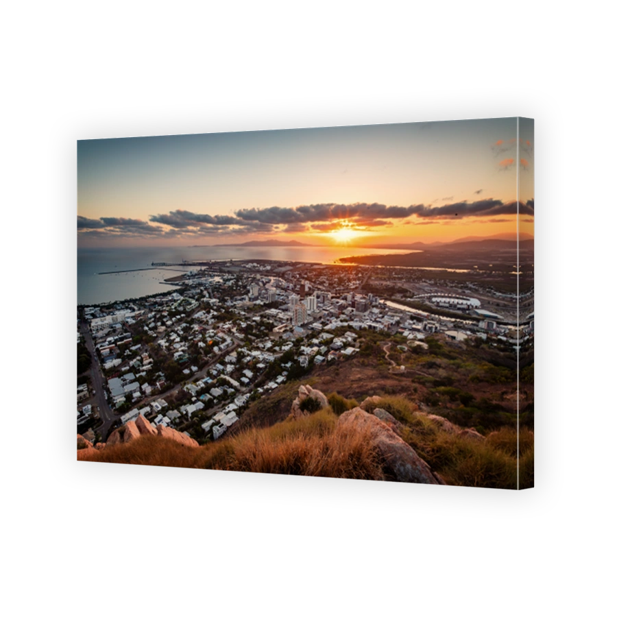 A panorama view of the city of Townsville in the sunrise from the Castle Hill Lookout
