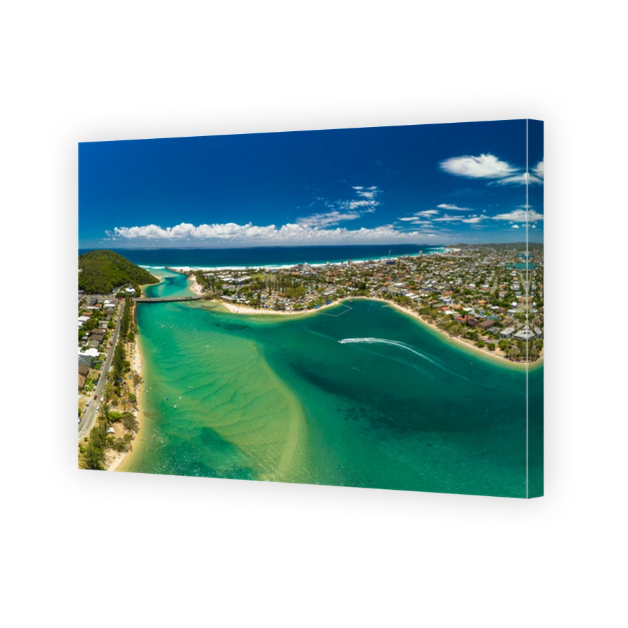 Aerial drone view, Tallebudgera Creek and beach on the Gold Coast, Queensland, Australia