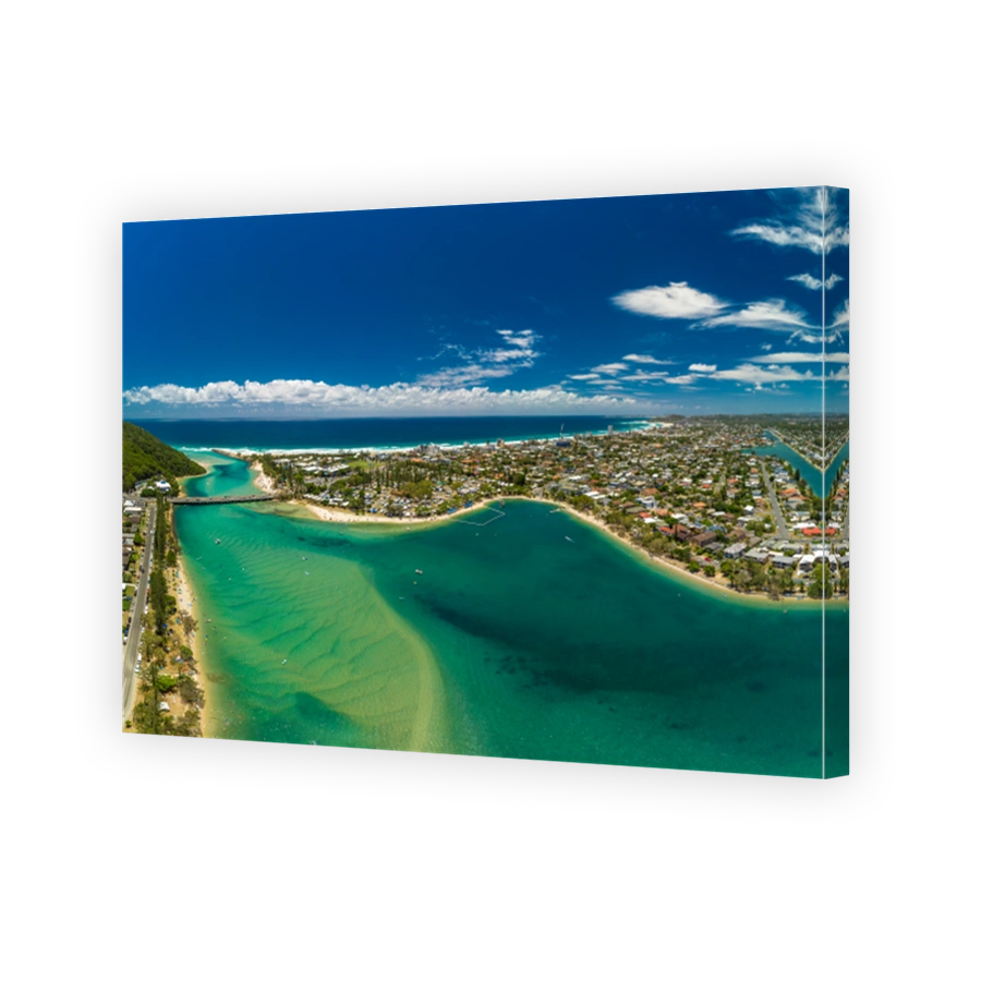 Aerial drone view, Tallebudgera Creek and beach on the Gold Coast, Queensland, Australia