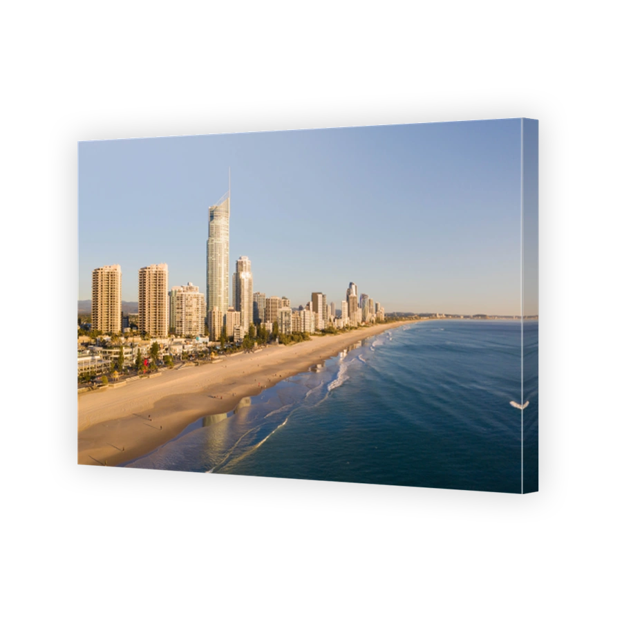 Gold Coast Skyline at sunrise view from above. Aerial of skyline, buidings, beach at sunrise on the gold coast, Australia.