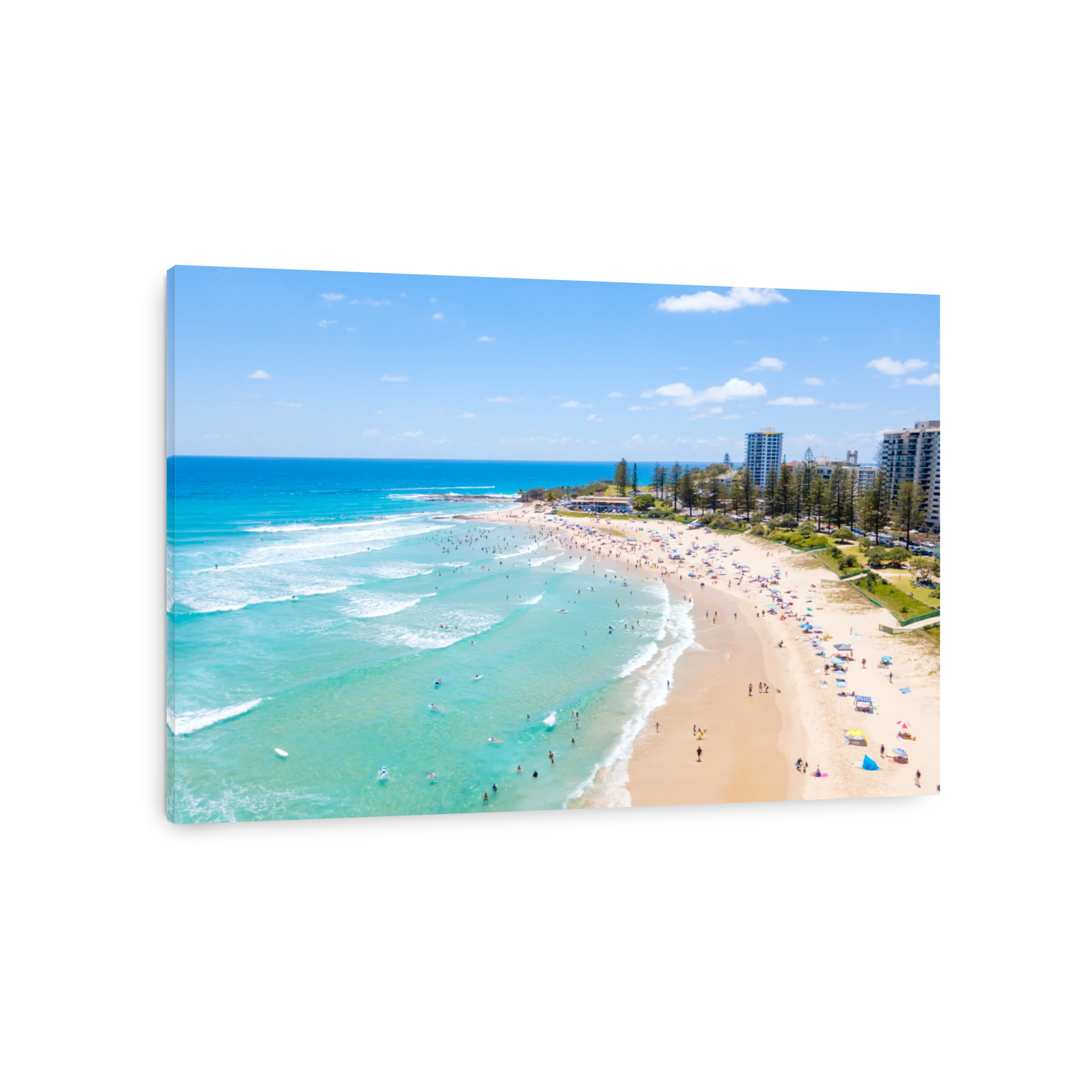 An aerial view of people sun baking at the beach at Rainbow Bay in Coolangatta