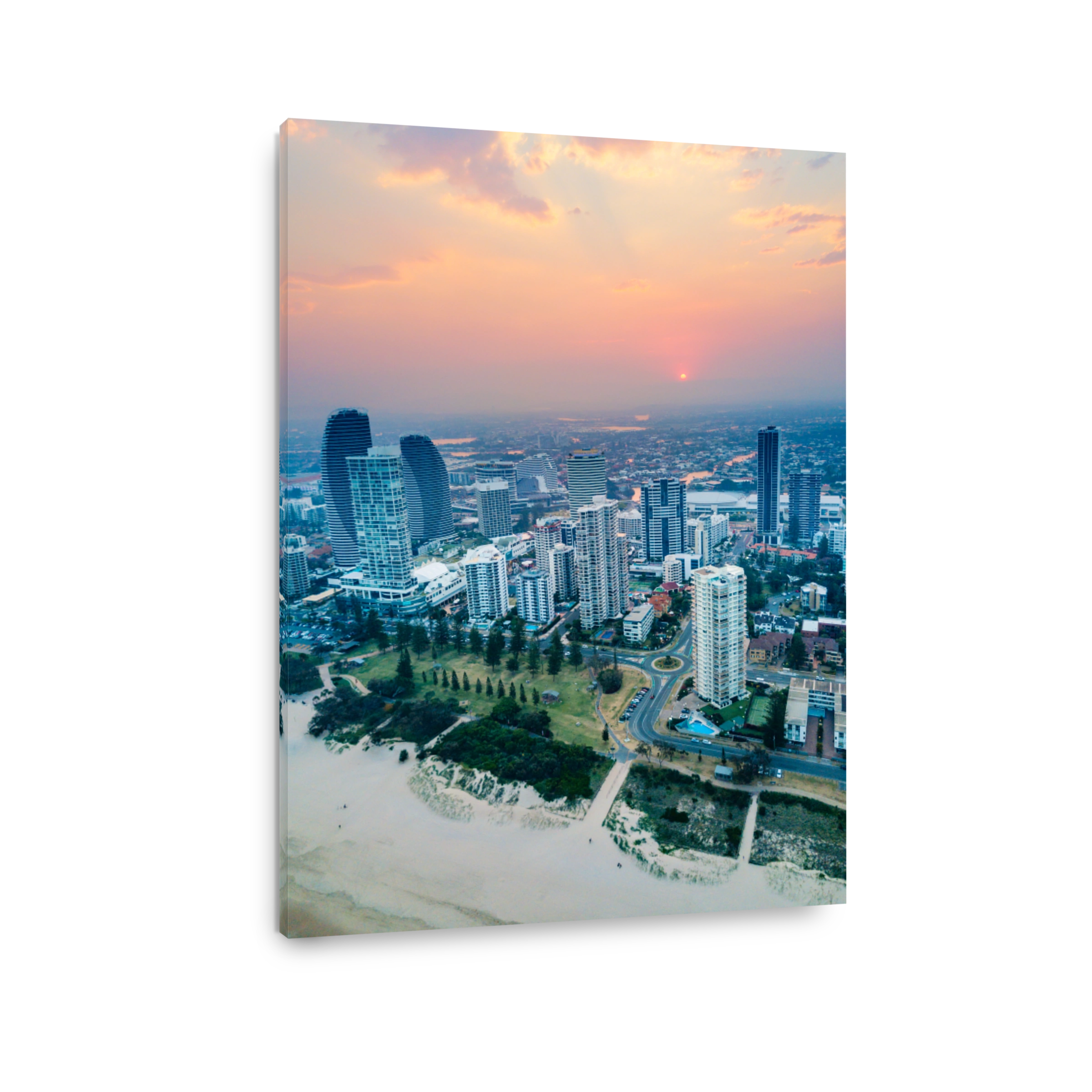Broadbeach at sunset from an aerial view on the Gold Coast