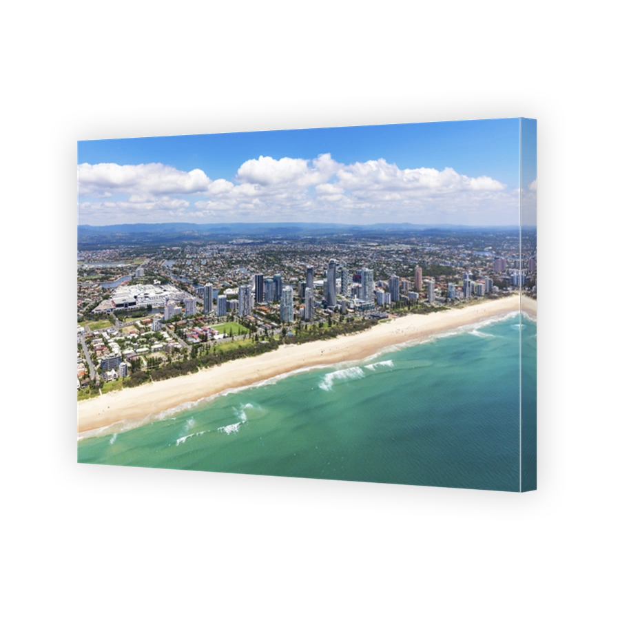 Sunny aerial view of Broadbeach looking inland on the Gold Coast