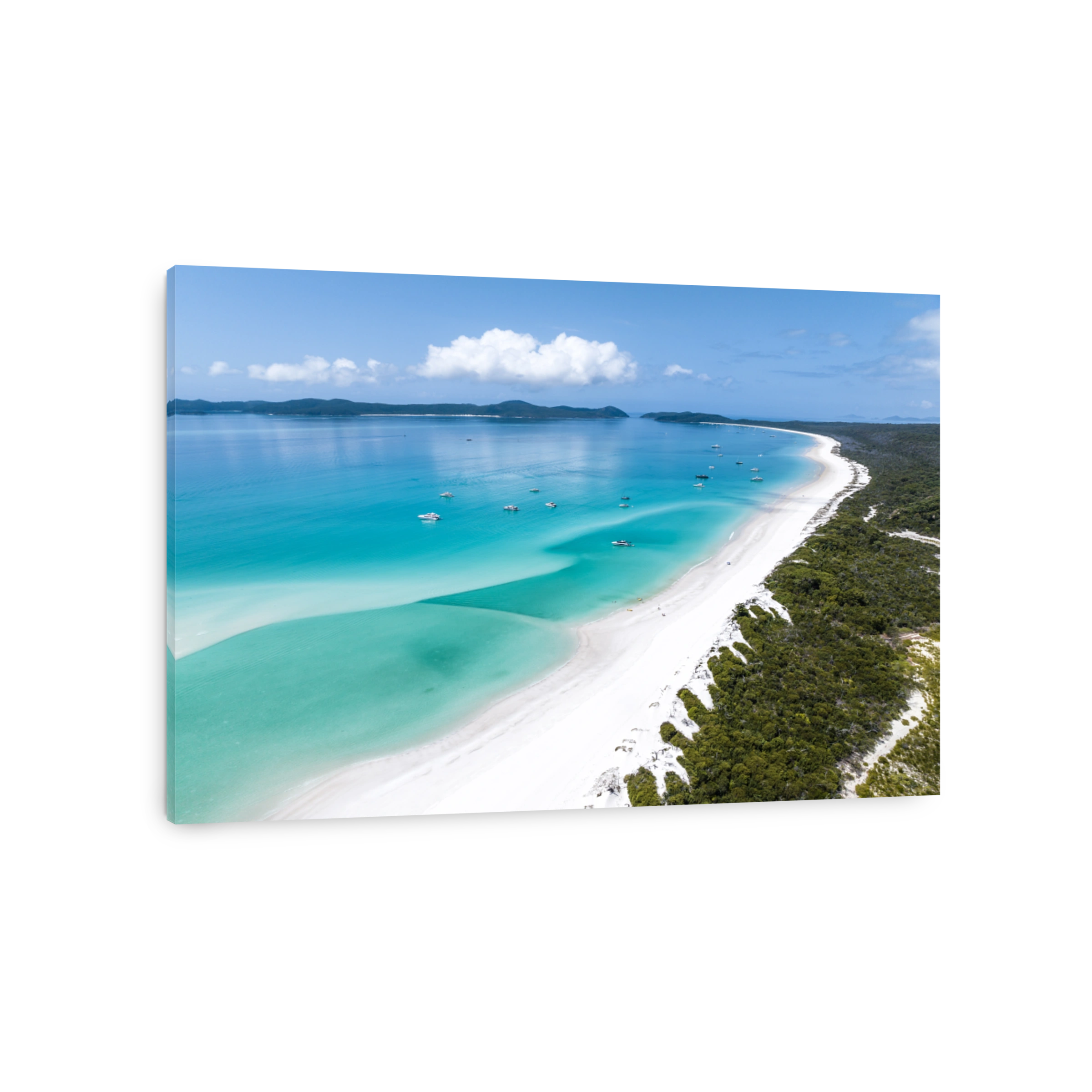 Beautiful high angle aerial drone view of famous Whitehaven Beach, part of the Whitsunday Islands National Park near the Great Barrier Reef, Queensland, Australia. Popular tourist destination.