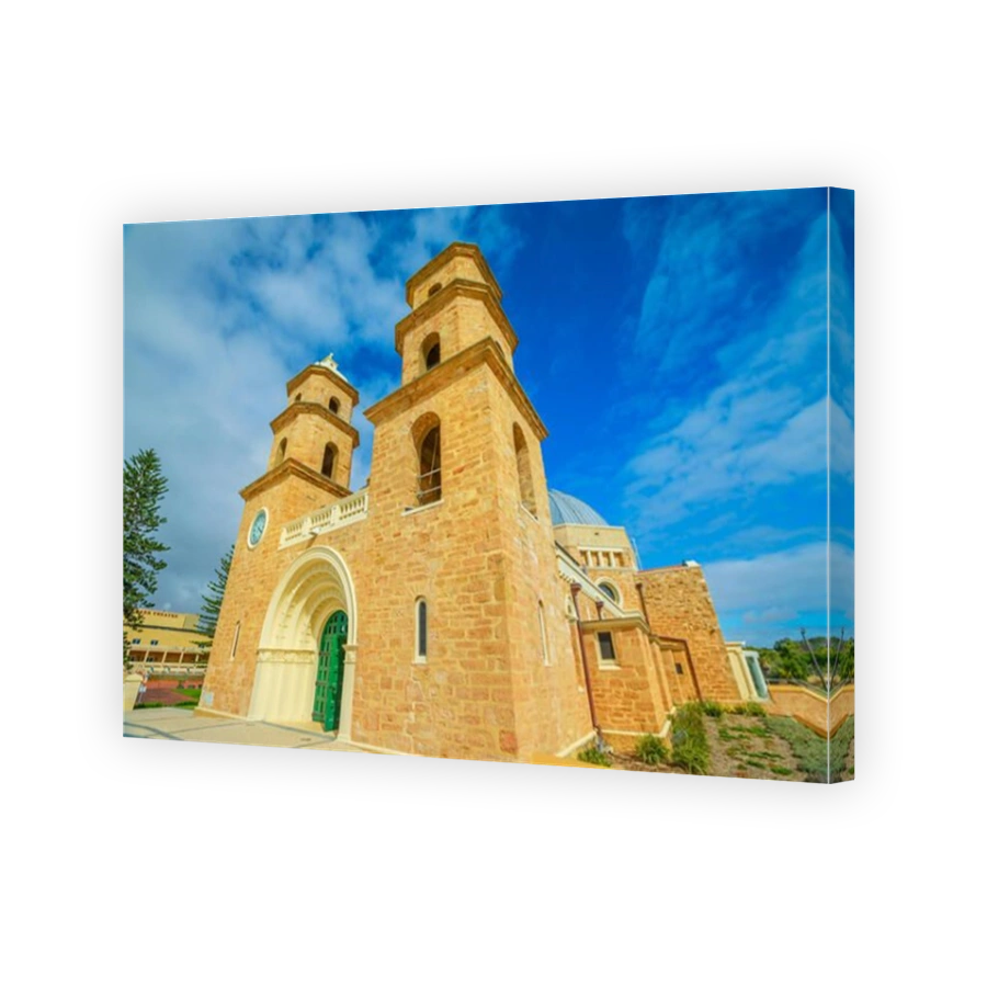 Bottom view of romanesque St. Francis Xavier's Cathedral with Twin Towers and Dome in Geraldton, Western Australia. The Cathedral is the most important Catholic church in Geraldton.