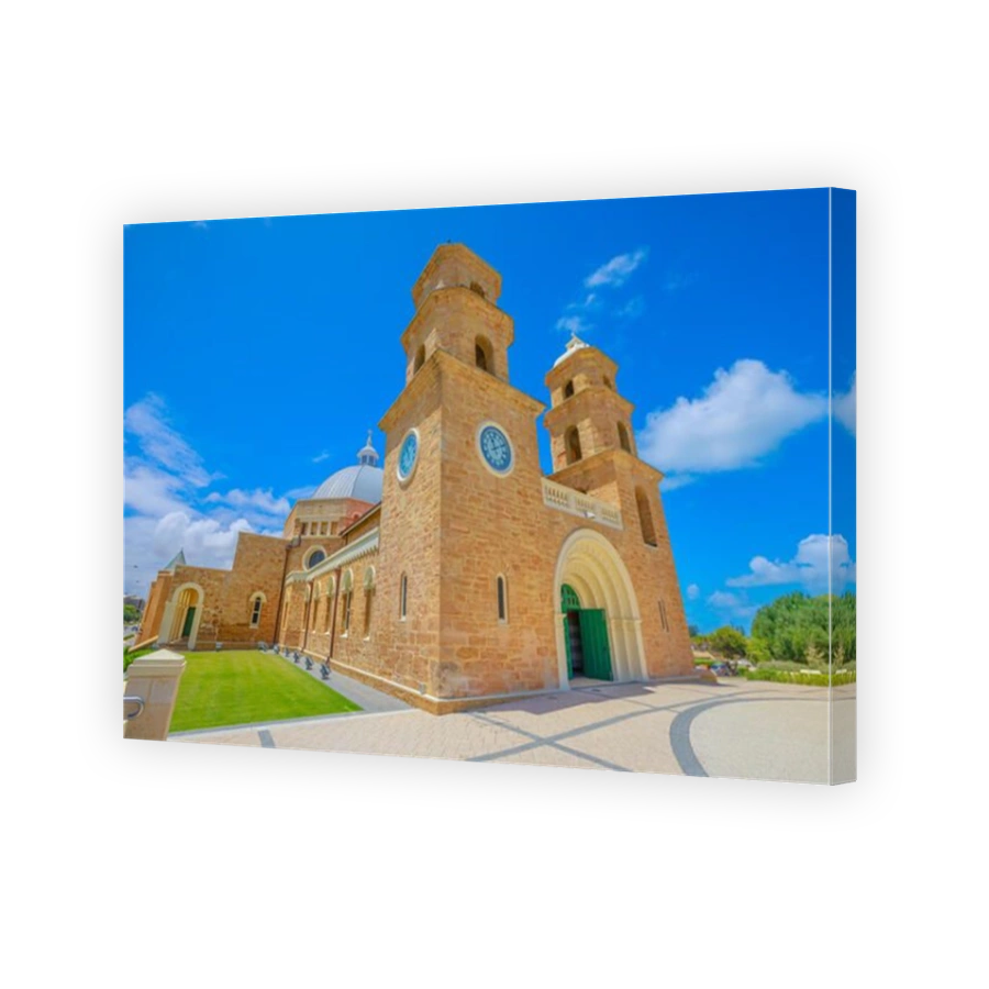 Perspective view of St. Francis Xavier's Cathedral with Twin Towers and the Dome on Cathedral Ave in Geraldton, Western Australia.The Cathedral is the most important Catholic church in the city.