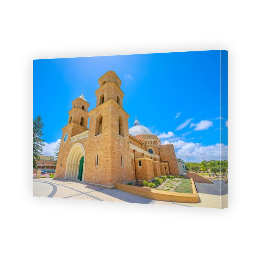 Perspective view of St. Francis Xavier's Cathedral with Twin Towers and Dome with blue sky in Geraldton, Western Australia. The Cathedral is the most important Catholic church in Geraldton. Copy space