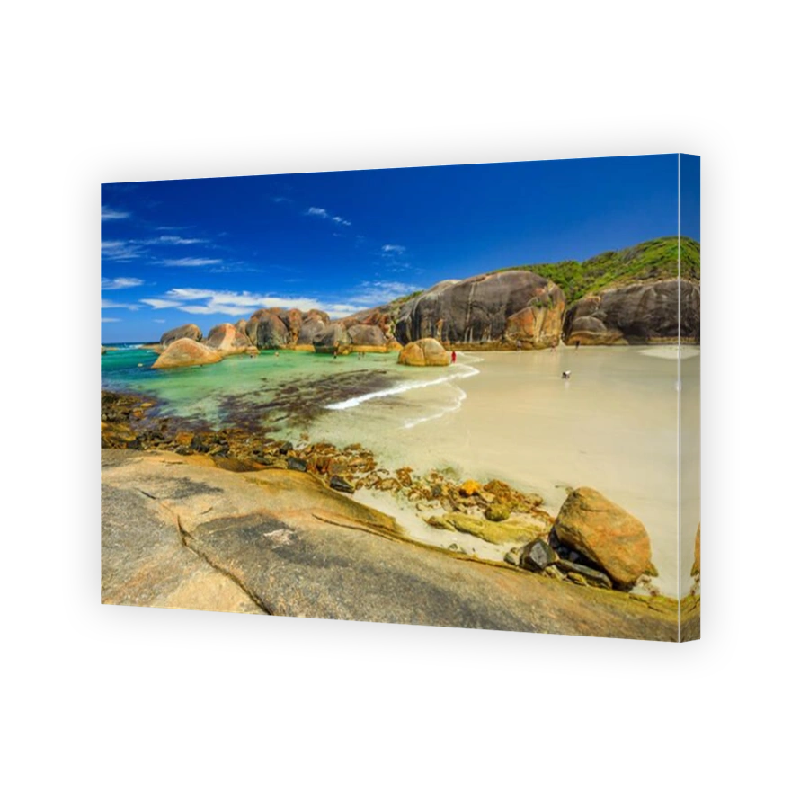 Scenic landscape of Elephant Cove Beach in William Bay National Park near Denmark, Western Australia on a summer season. Great Southern Ocean coastline. Copy space, blue sky.