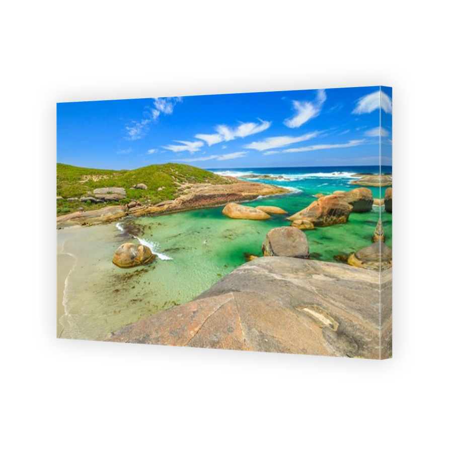 Australian travel summer destination. Aerial view of Elephant Cove Beach in William Bay National Park, Denmark, Western Australia. Summer season. Great Southern Ocean coastline. Sunny day, blue sky.