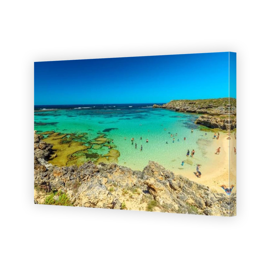 Rottnest Island, Western Australia - Jan 4, 2018: tourists on the beach of tropical sea of Little Salmon Bay, a paradise for snorkeling, swimming and