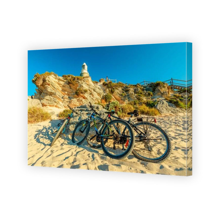 Rottnest Island, Western Australia - Jan 4, 2018: Tourist bicycles parked at Bathurst Lighthouse in north coast of Rottnest Island, near Perth