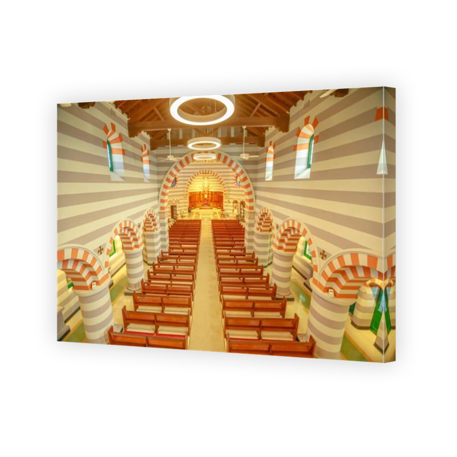 Geraldton, Australia - Dec 18, 2017: Byzantine style interior of Saint Francis Xavier Cathedral in Geraldton, Western Australia. Aerial view of Geraldton Cathedral central nave.