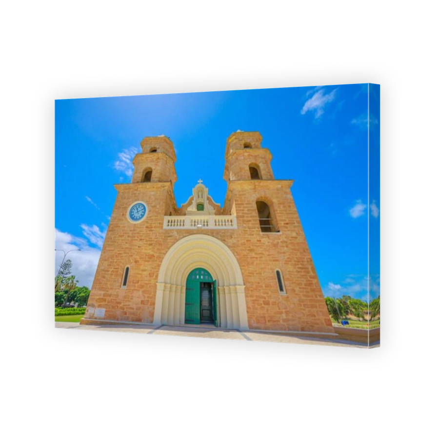 Front view of famous St. Francis Xavier's Cathedral with Twin Towers, the main place of Catholic worship in Geraldton, Western Australia. Geraldton Ca