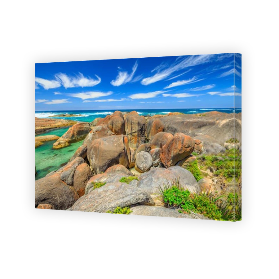 Coastal landscape of Great Southern Ocean. The rock boulders formation along popular Elephant Rocks Walk from Greens Pool to Elephant Cove Beach in William Bay NP, WA. Aerial view from promontory.