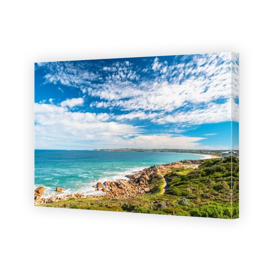 Port Elliot with the Heritage trail running along picturesque coastline viewed from the Freeman Nob lookout on a bright day, Fleurieu Peninsula, South