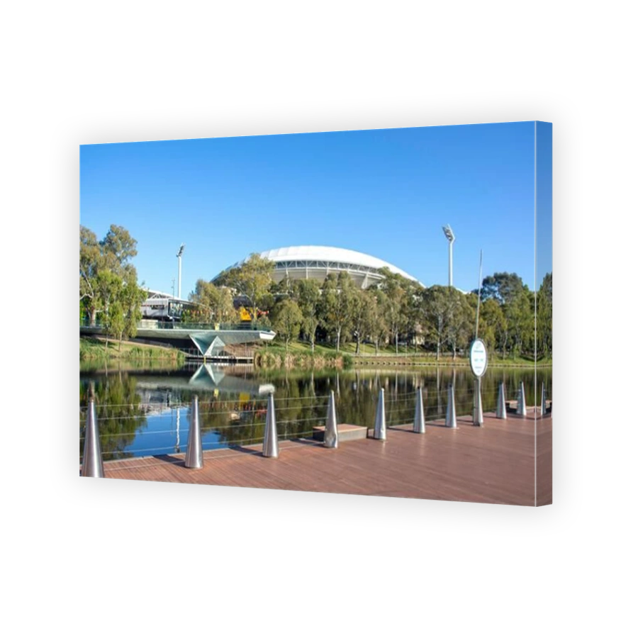 The Riverbank Precinct Pedestrian Bridge lookout and Adelaide Oval across River Torrens, Adelaide, South Australia, Australia