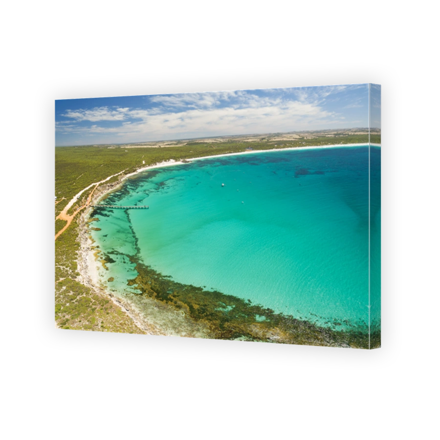 Aerial panorama of Vivonne Bay and pier in Summer. Kangaroo Island, South Australia