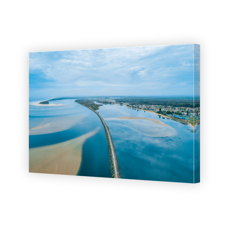 Aerial landscape of 3 kilometers long Harrington Breakwall. Harrington, New South Wales, Australia