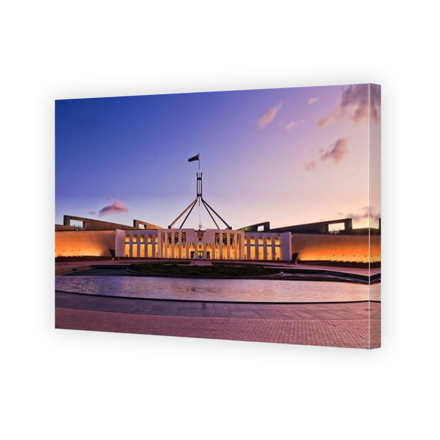 Scenic pink sunset over public building of parliament house in Canberra of ACT, Australia.