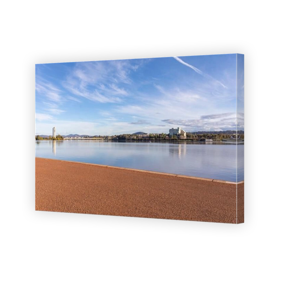 National Carillon and Australian High Court building on the shores of Lake Burley Griffin in Canberra on a sunny autumn day,ACT,Australia