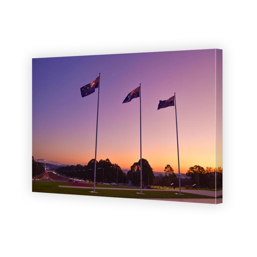 Australian national flags at sunset time in Canberra, Australia