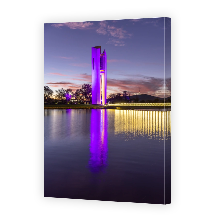 dusk view of the national carillon on the shore of lake burley griffin at canberra