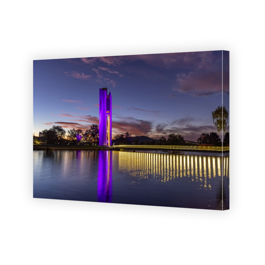 dusk view of the national carillon on the shore of lake burley griffin at canberra
