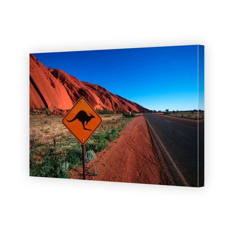 Scenery Ayers Rock and beware of Kangaroos road sign Kata Tjutu National Park Australia