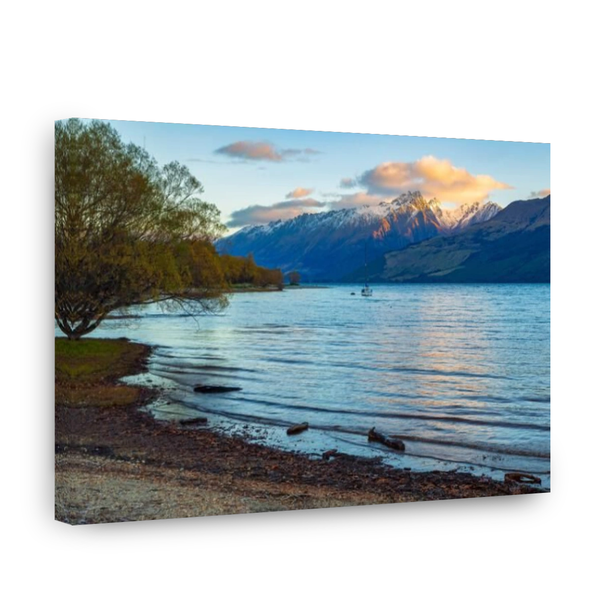 Lake Wakatipu, New Zealand, at dusk, with a boat on the gently rippling waters