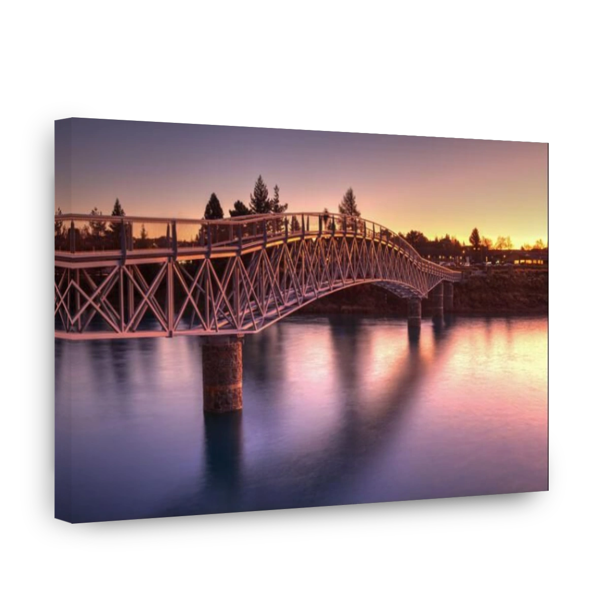 Lake Tekapo, New Zealand. The Maclaren footbridge over the Tekapo River, seen at sunset