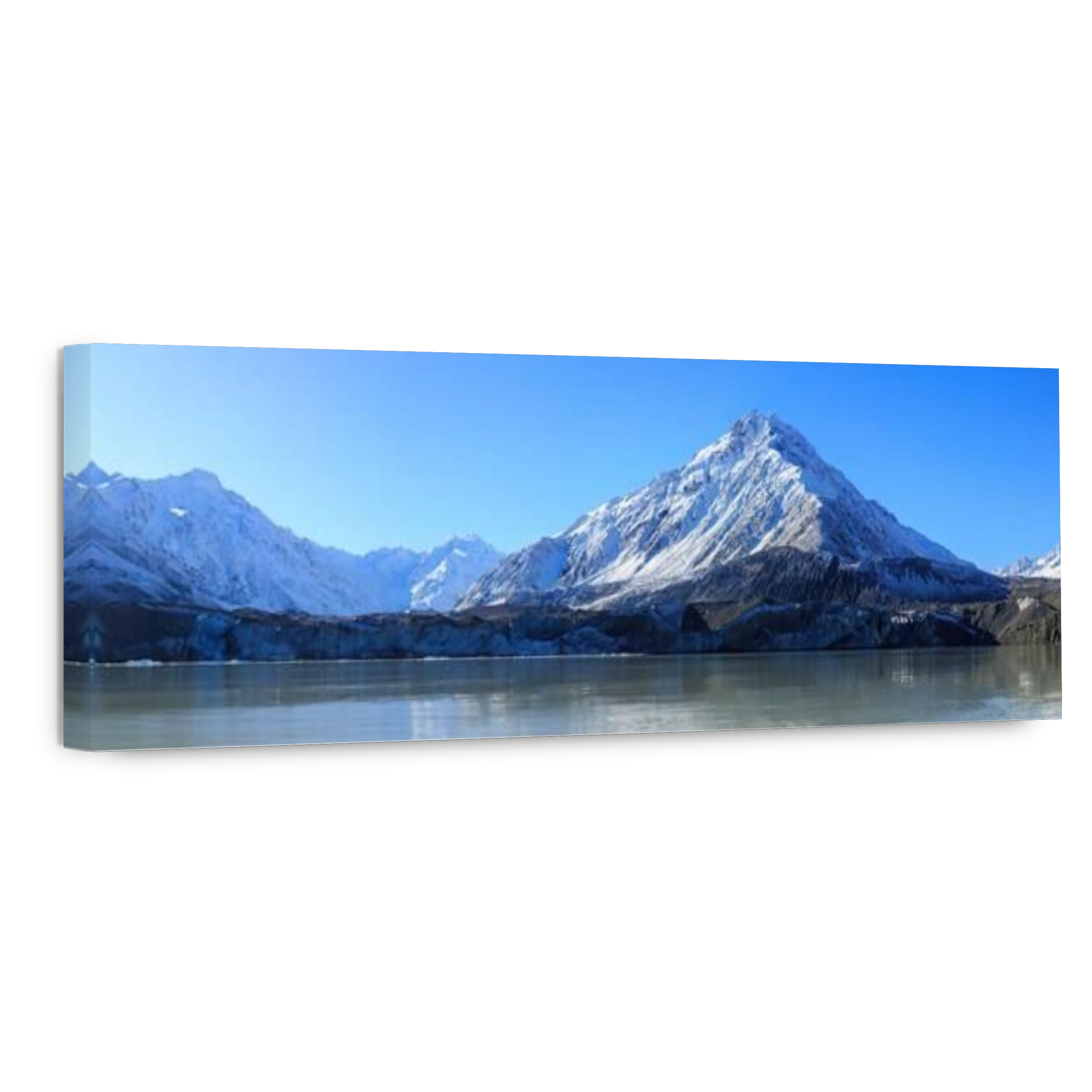 A panoramic view of Tasman Lake, the Tasman Glacier, and Novara Peak in Mount Cook National Park in the South Island of New Zealand