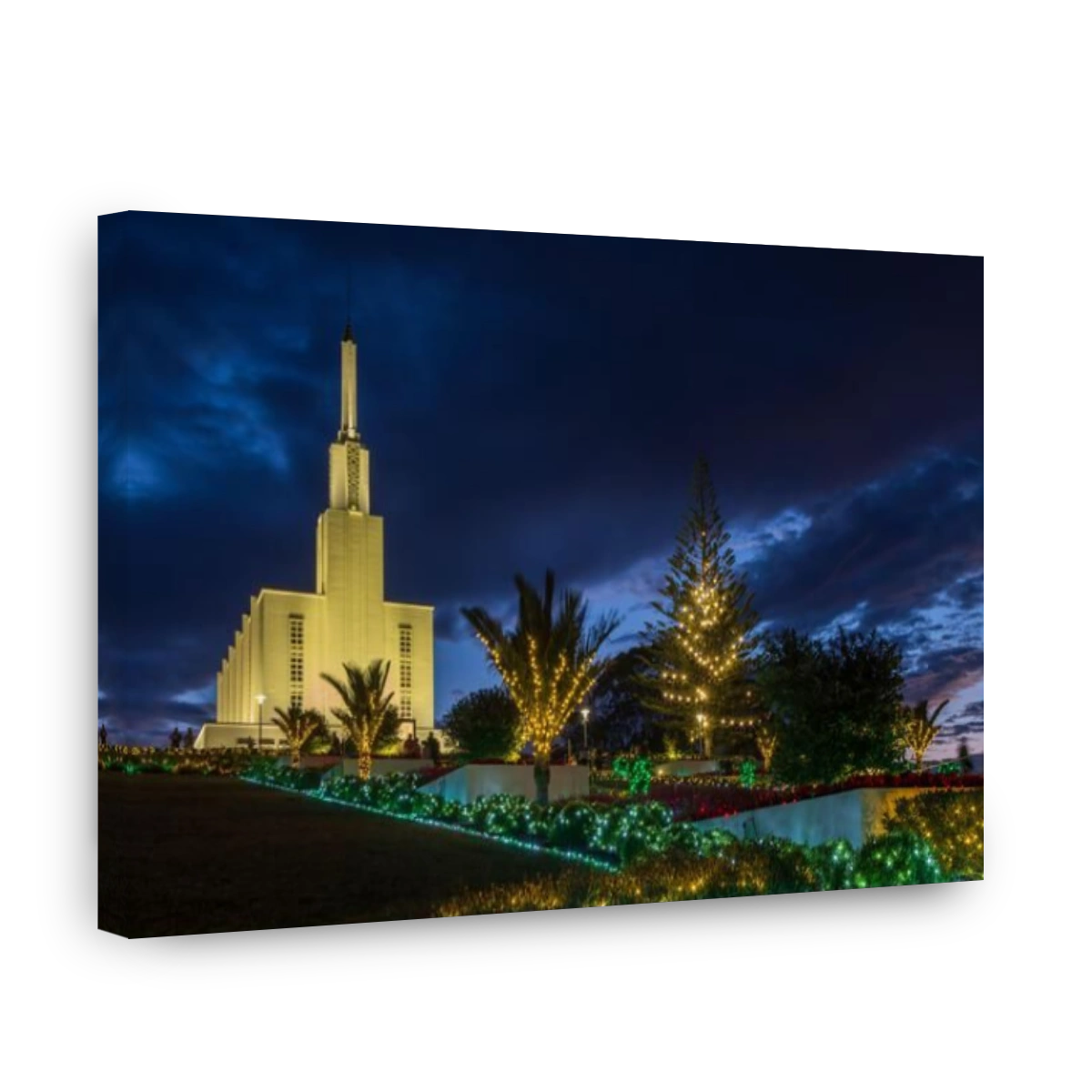 The Mormon Temple in Hamilton, New Zealand, decorated with Christmas lighting