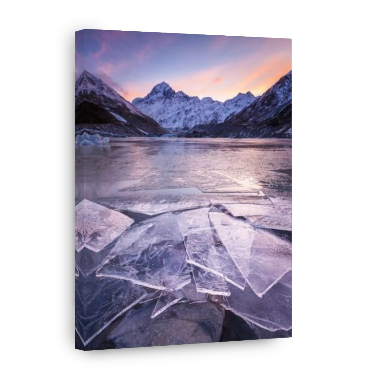 Broken ice on the shore of Hooker Lake below South Face of Aoraki Mount Cook