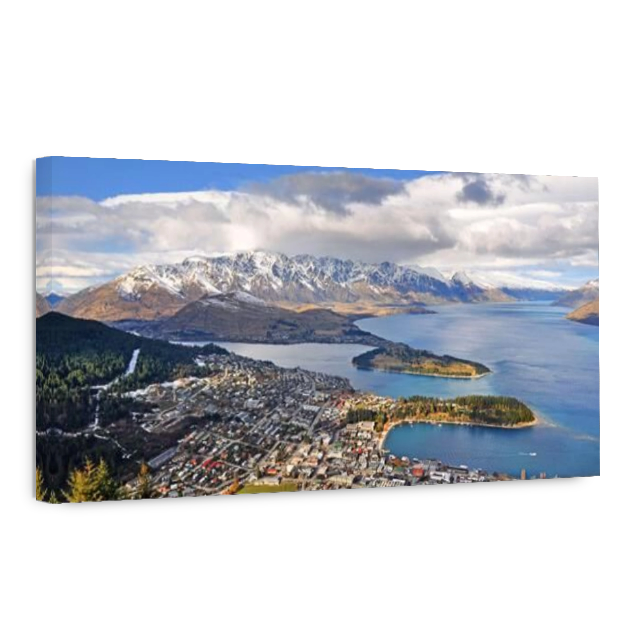 Queenstown Aerial Panorama featuring lake wakatipu, the Remarkables, the city and Bays in Winter, New Zealand