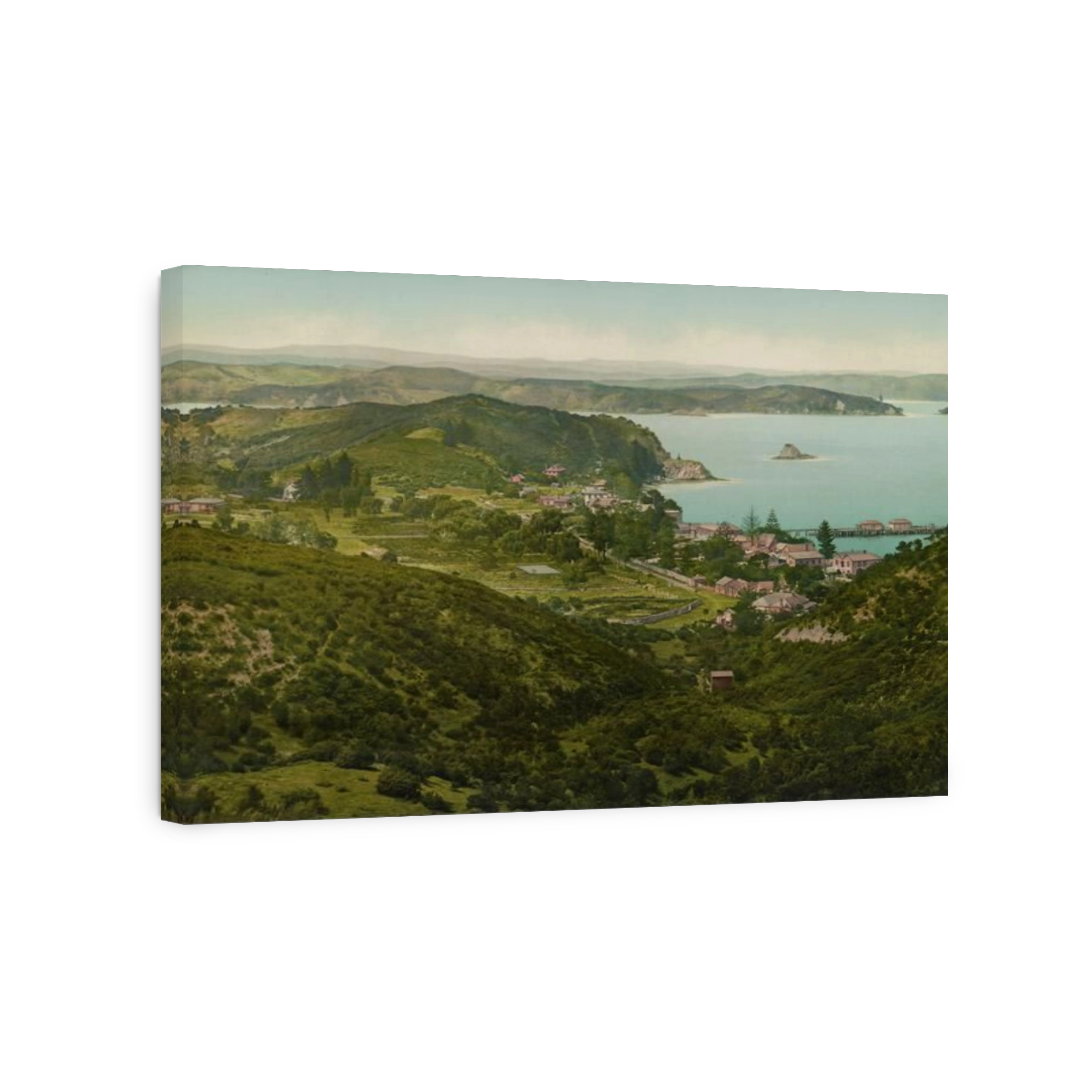 Photochrom print of the town of Russell in the Bay of Islands, New Zealand.