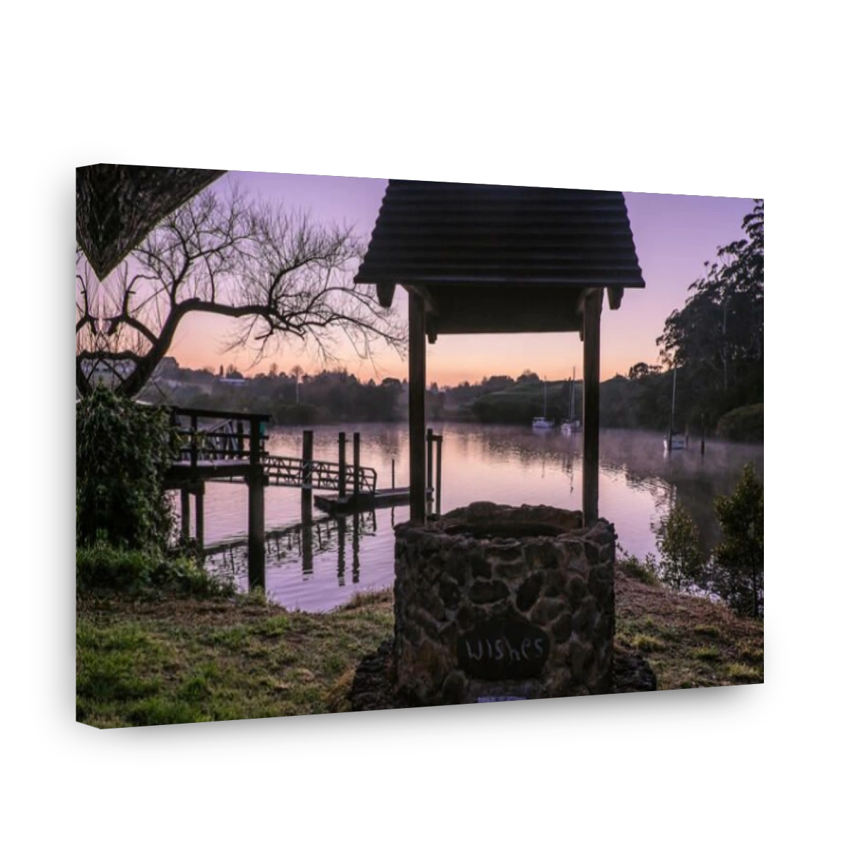 Wishing well overlooking Kerikeri Inlet with morning mist over water. Photographed at dawn at Kororipo Pa, Far North District, Northland, North Island