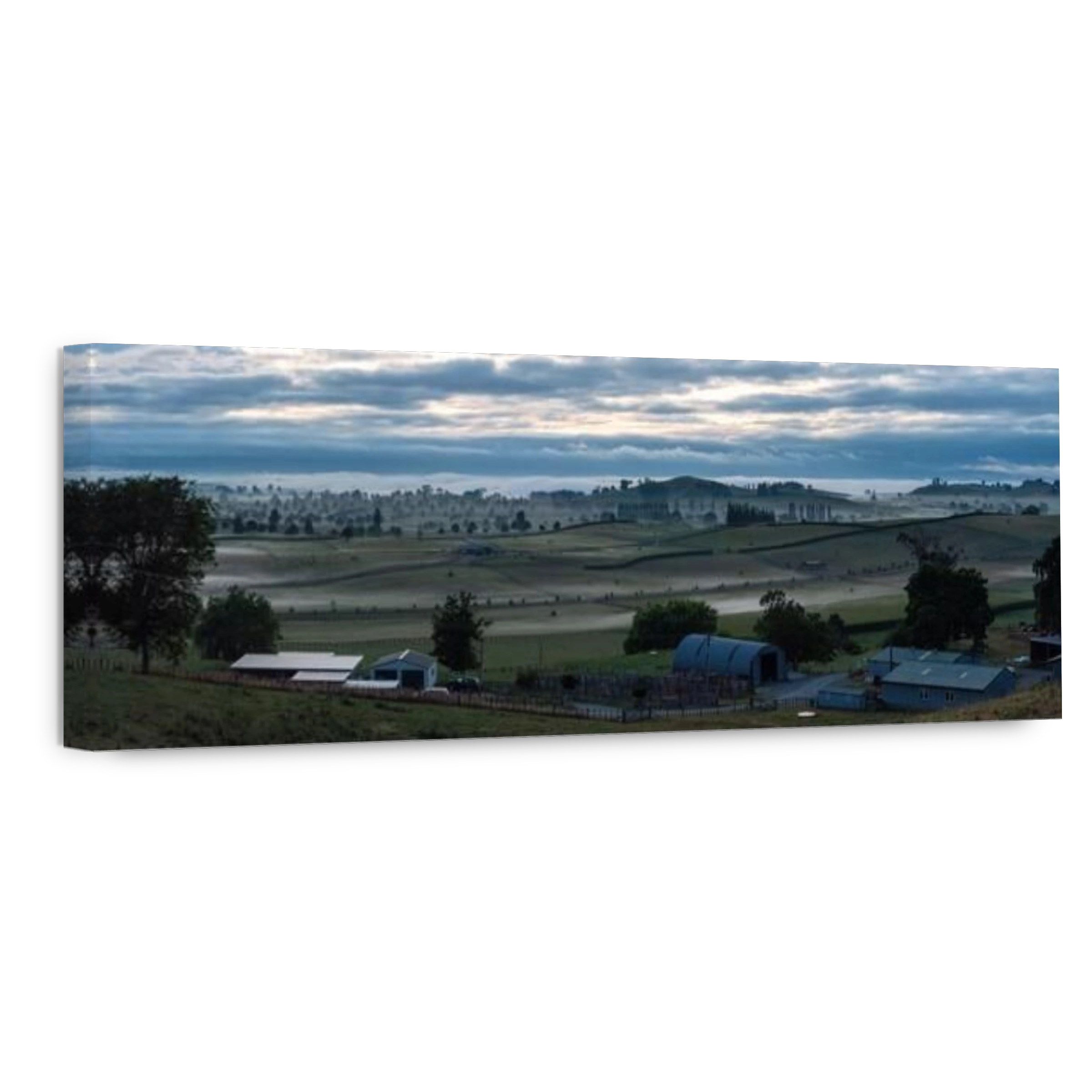Panoramic view over farmland near Hobbiton in the very early morning, Clouds of mist pass by, North Island of New Zealand