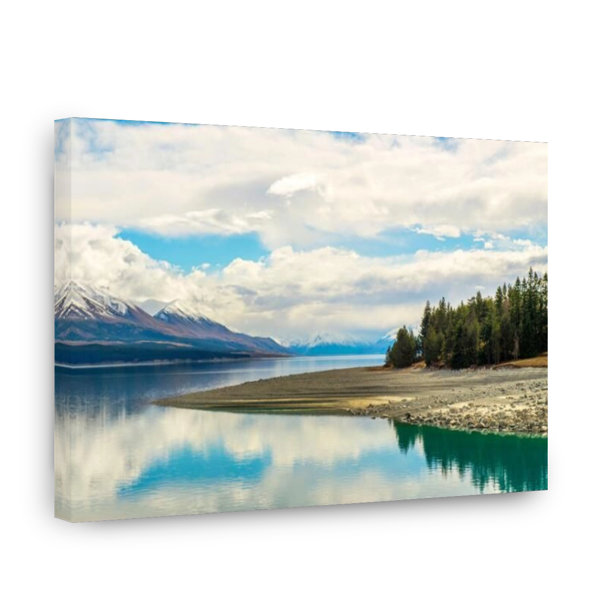 Panoramic view of the mountains and lakeside pine trees reflecting the turquoise water Lake Pukaki, New Zealand