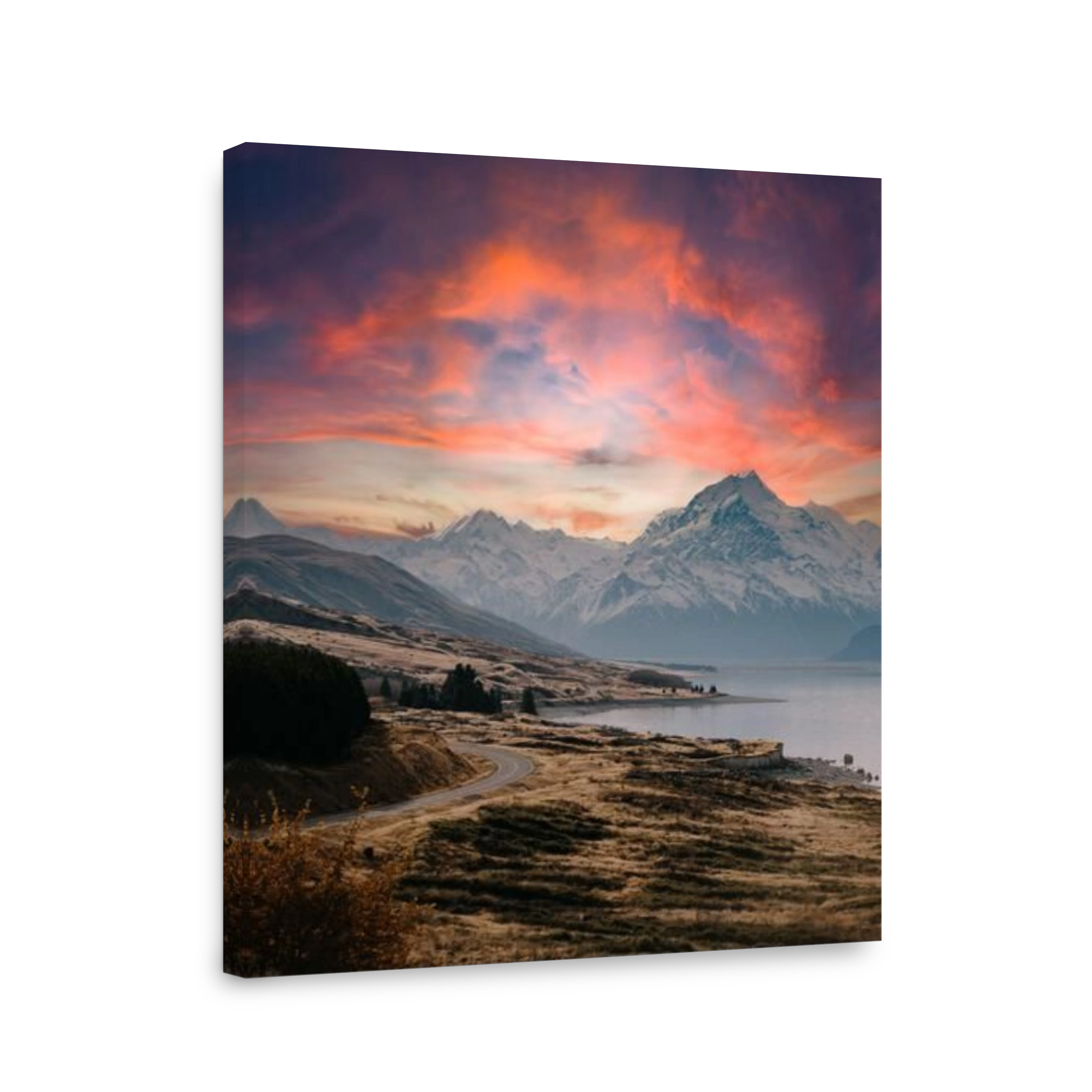 View of the majestic Aoraki Mount Cook with the road leading to Mount Cook Village. Taken during winter in New Zealand.