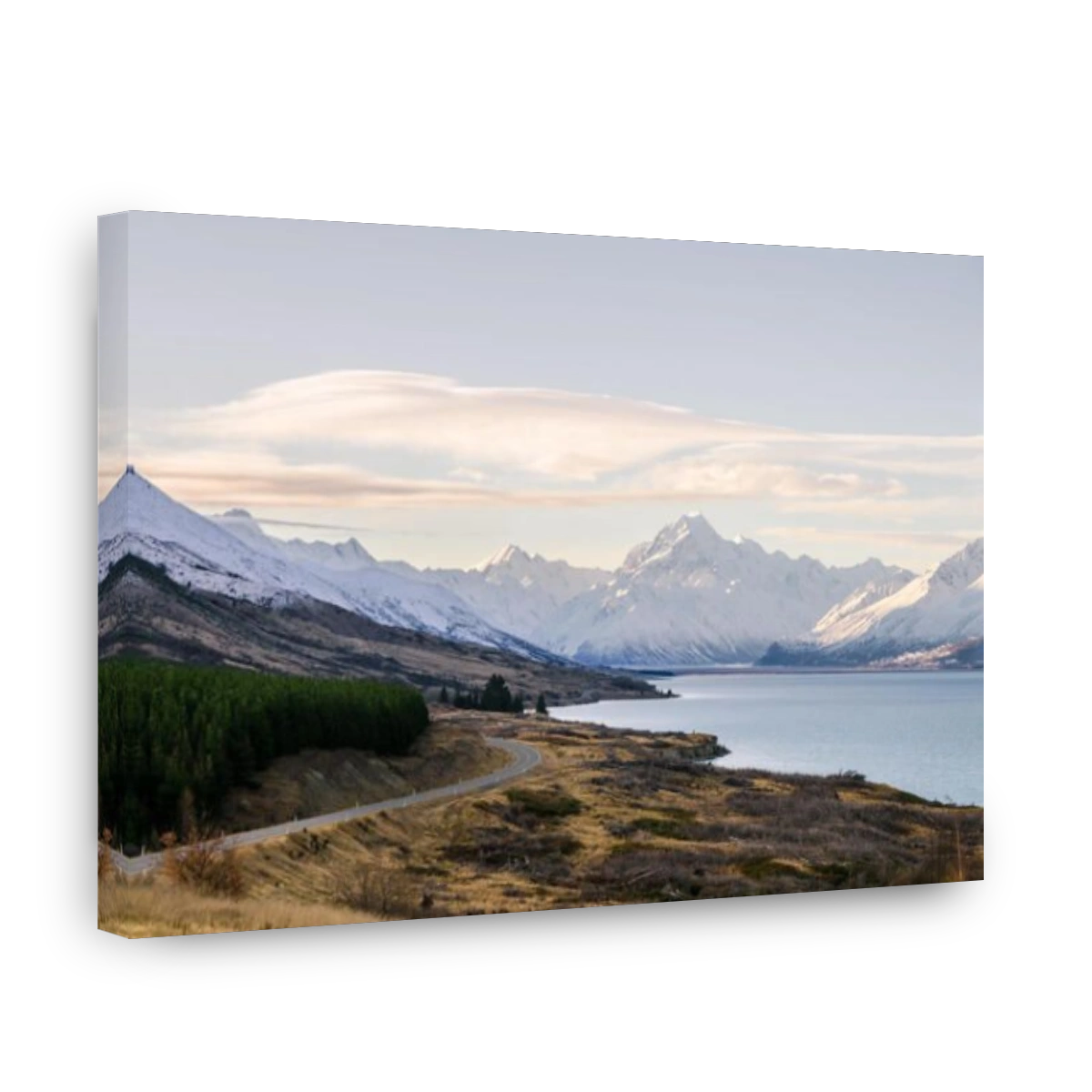 Mount cook viewpoint with the lake pukaki and the road leading to mount cook village. Taken during summer in New Zealand.