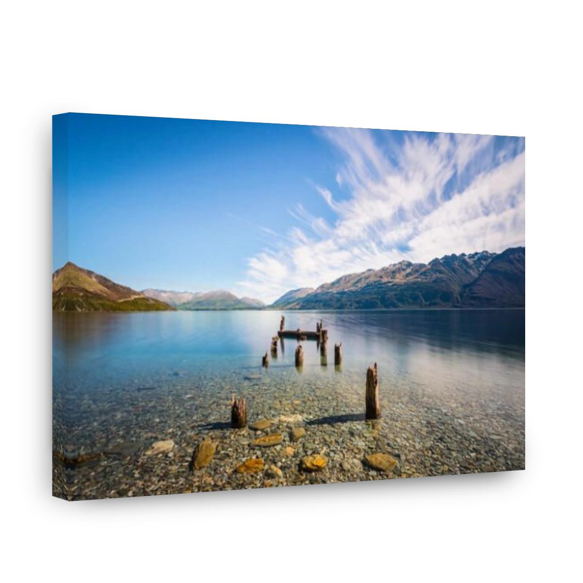 Decayed jetty, old wooden posts in Lake Wakatipu at Glenorchy, Otago Region, Southland, New Zealand