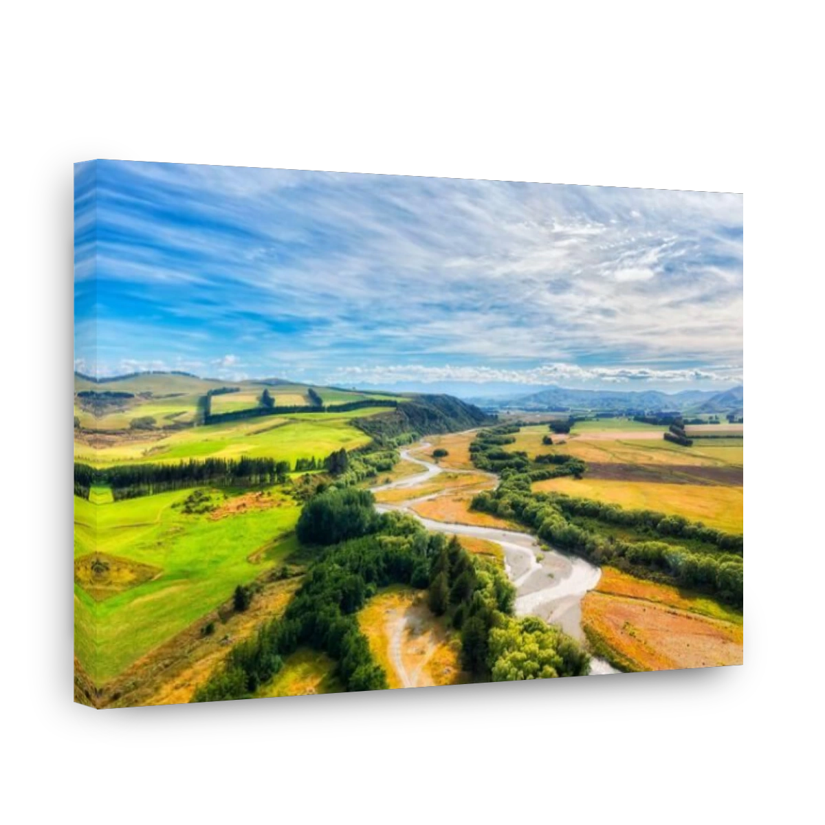 Mararoa river in scenic agriculture lands around Te Anau The Key in New Zealand south island - aerial landscape.