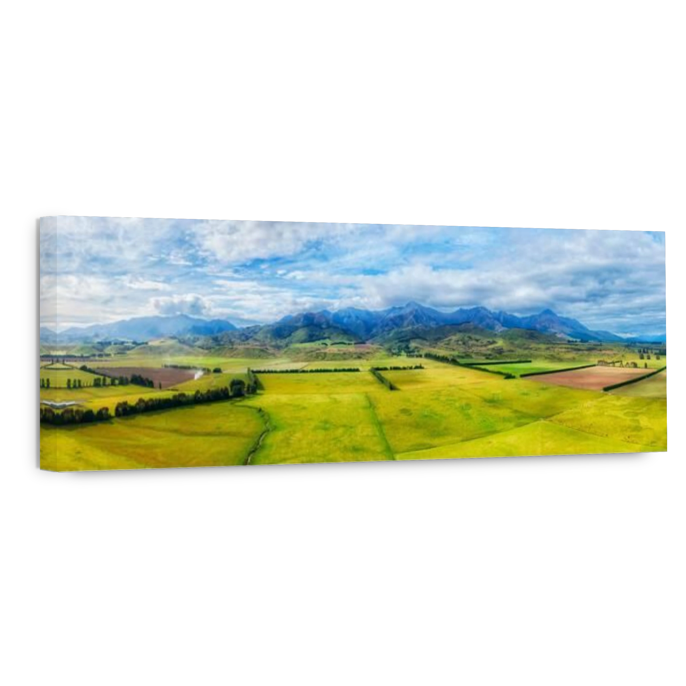 Aerial panorama at the key farm lands cultivated ship growing agriculture in New Zealand near Brunel peaks mountains.