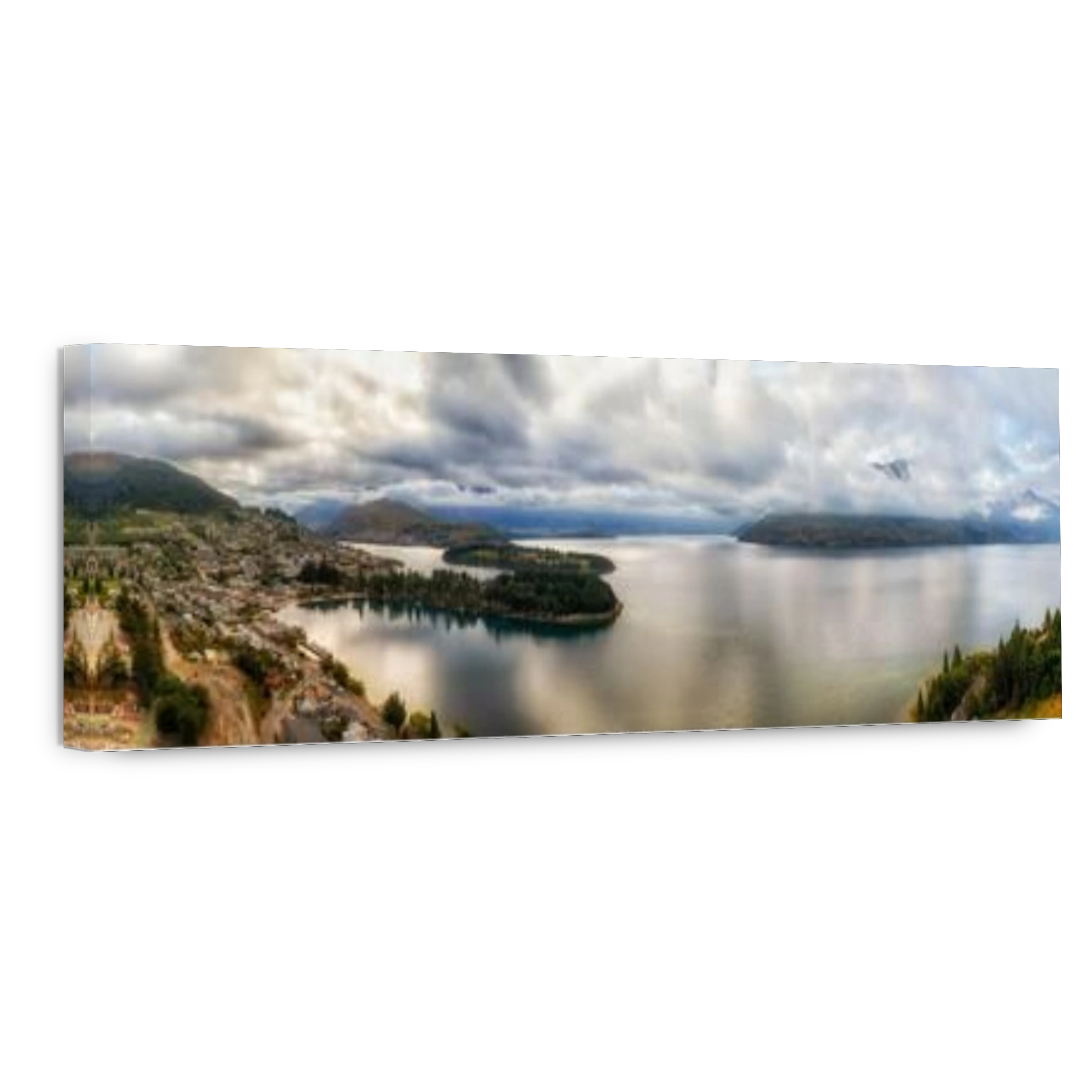 Lake Wakatipu waterfront of Queenstown downtown in New Zealand - wide aerial panorama.