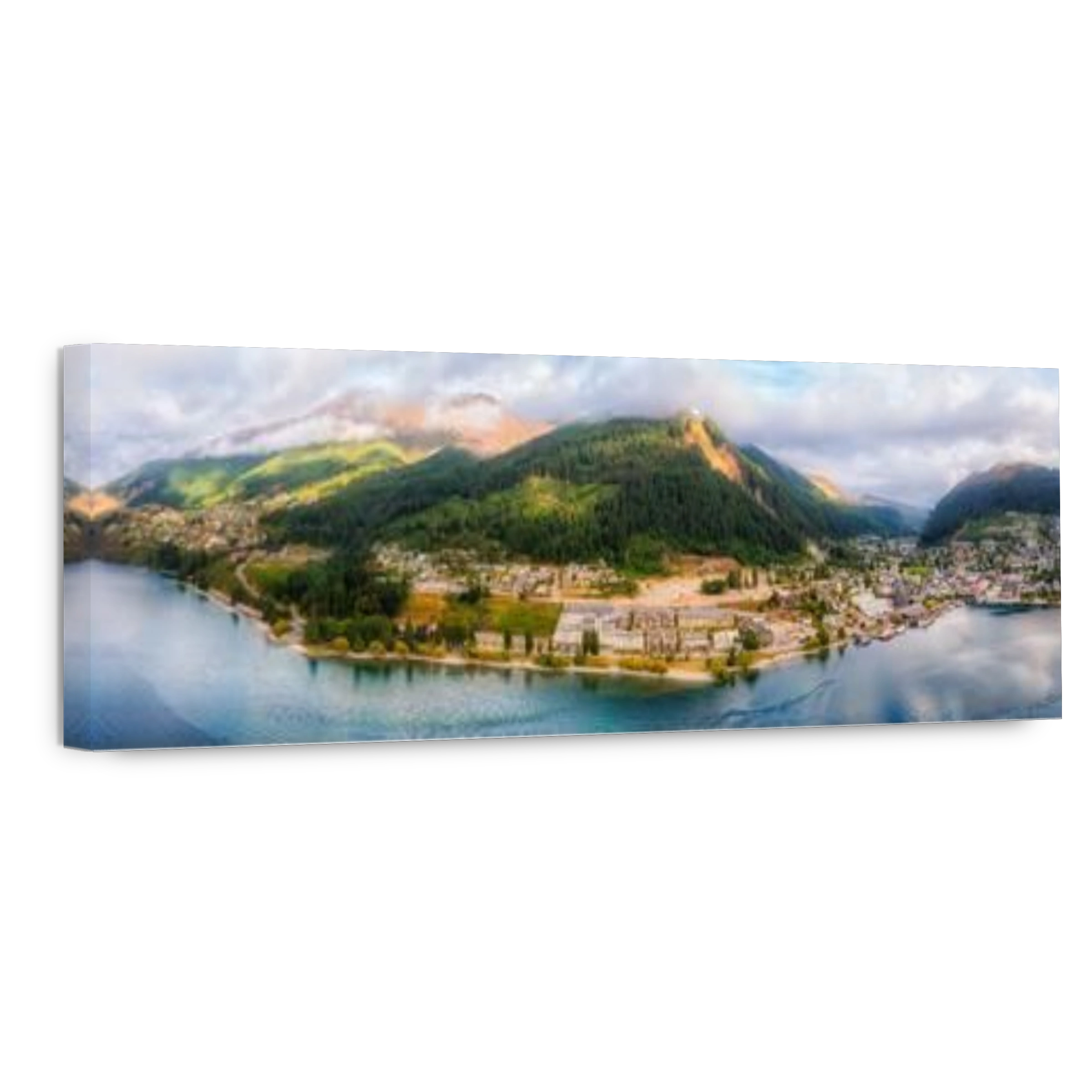 Scenic mountain waterfront of Queenstown town of New Zealand on lake Wakatipu - aerial panorama.