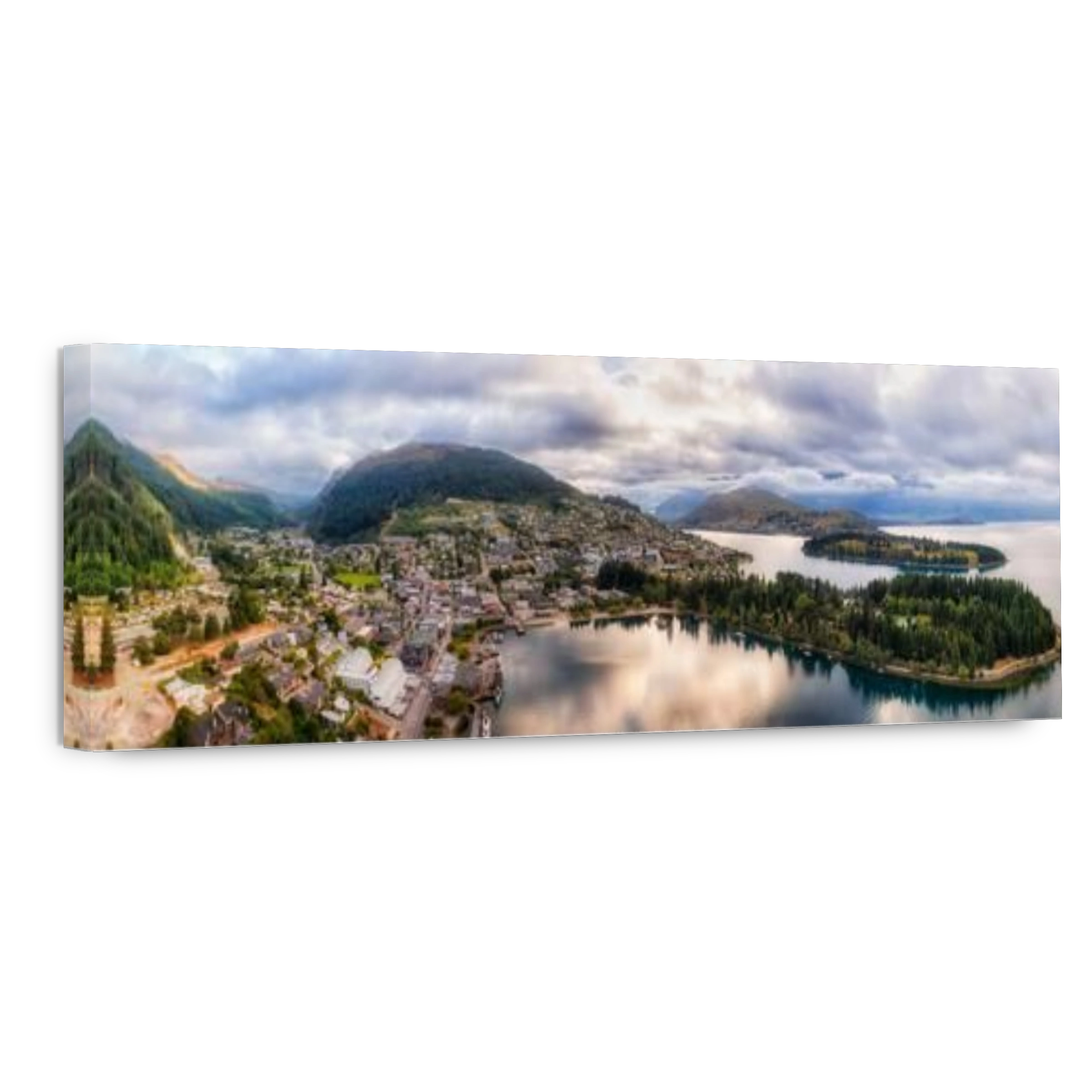 Scenic mountain landscape around QUeenstown city downtown on lake Wakatipu in New Zealand - aerial panorama.
