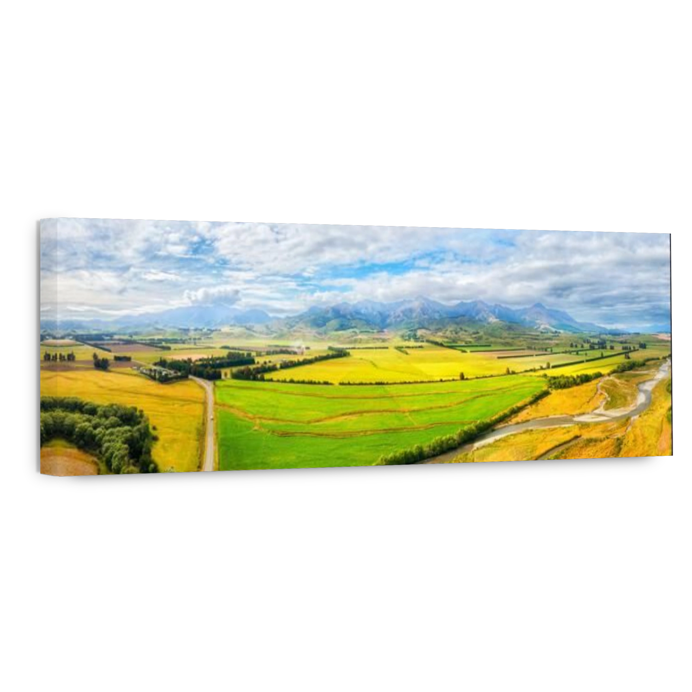 Aerial panorama of Mararoa river valley in New Zealand South Island at Brunel peaks over highway 94 to Te Anau.