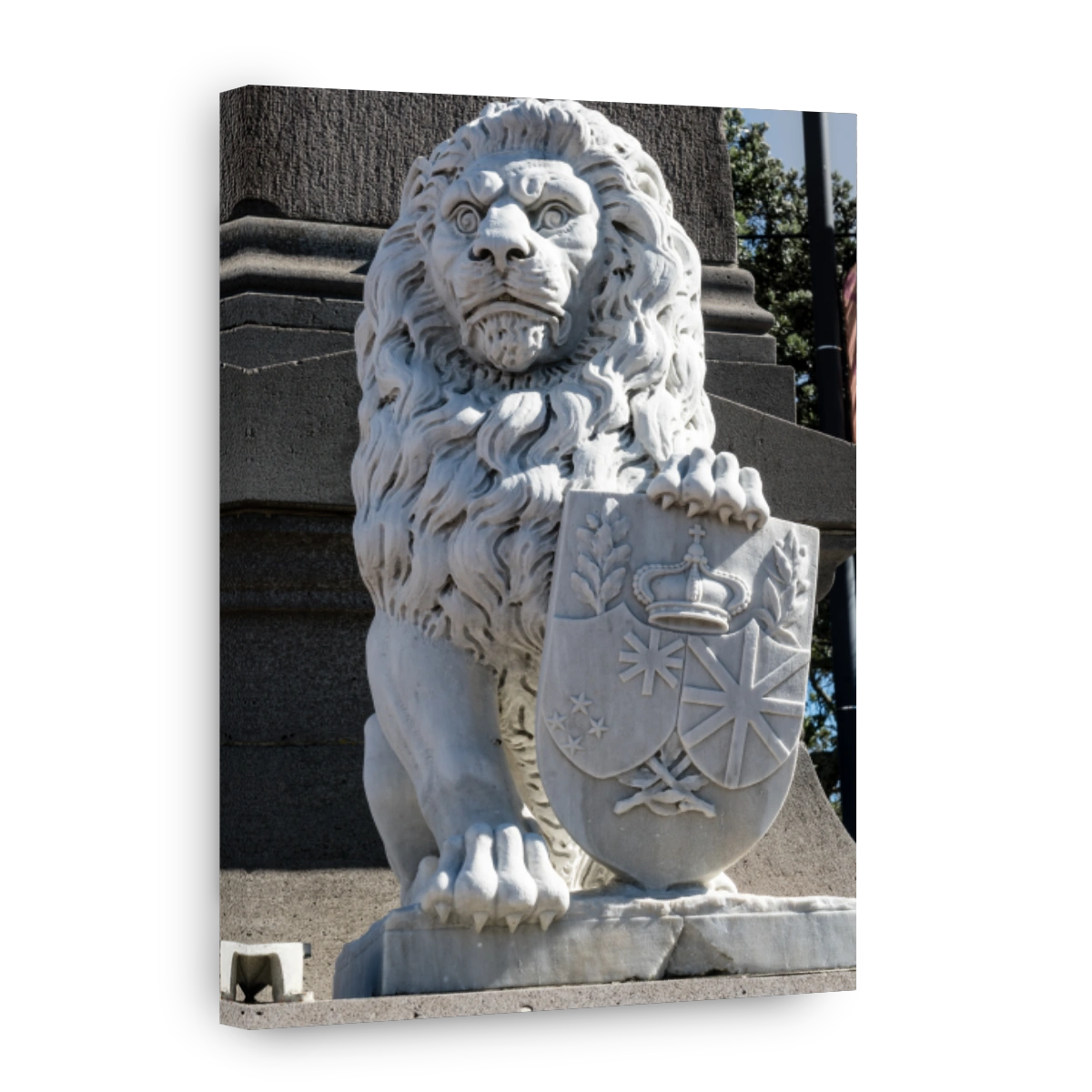Stone lion with shield