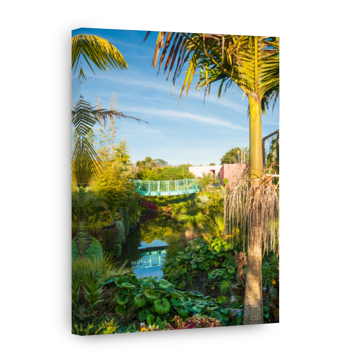 Luxuriant garden with pond and blue swing bridge reflected in water.